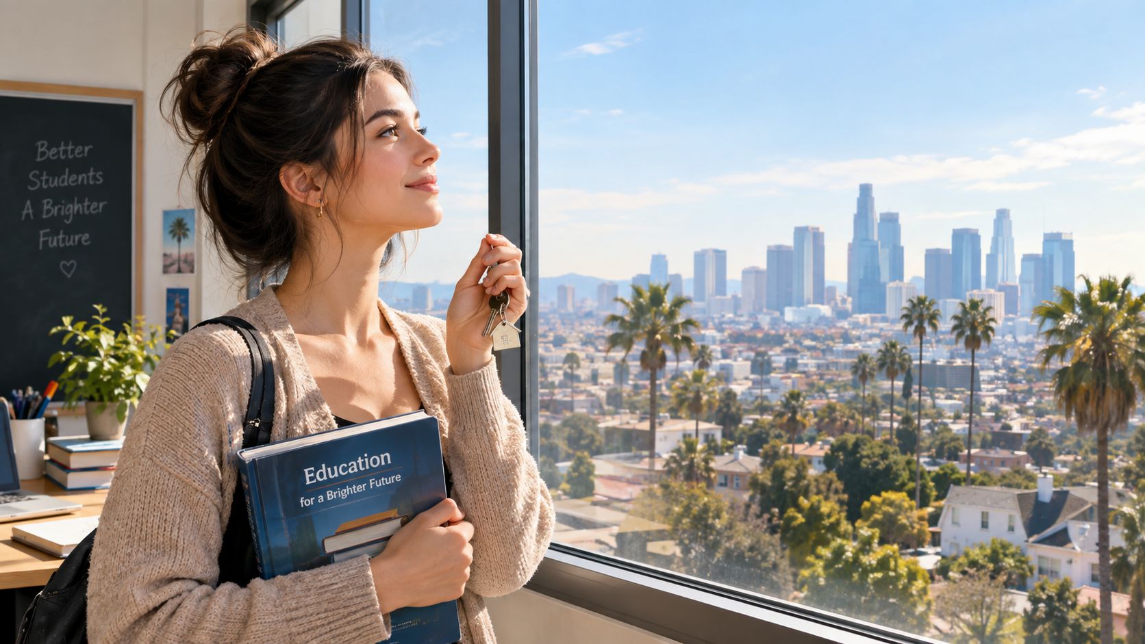 A young woman holding a book and keys while looking out at a sunny cityscape.
