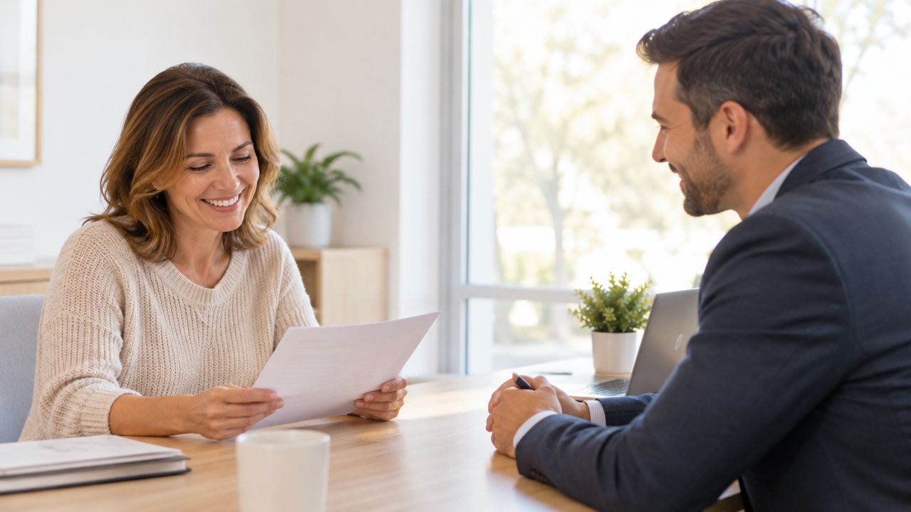 A smiling woman reviewing a document while sitting at a table with a professional business advisor.