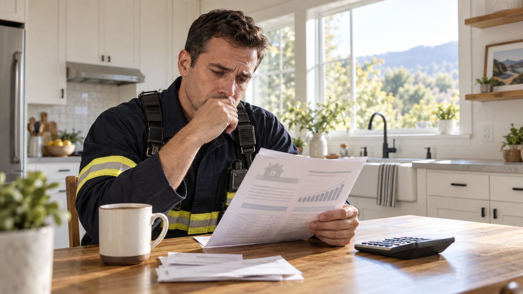 A concerned firefighter reviewing financial documents and mortgage paperwork while sitting at a kitchen table.