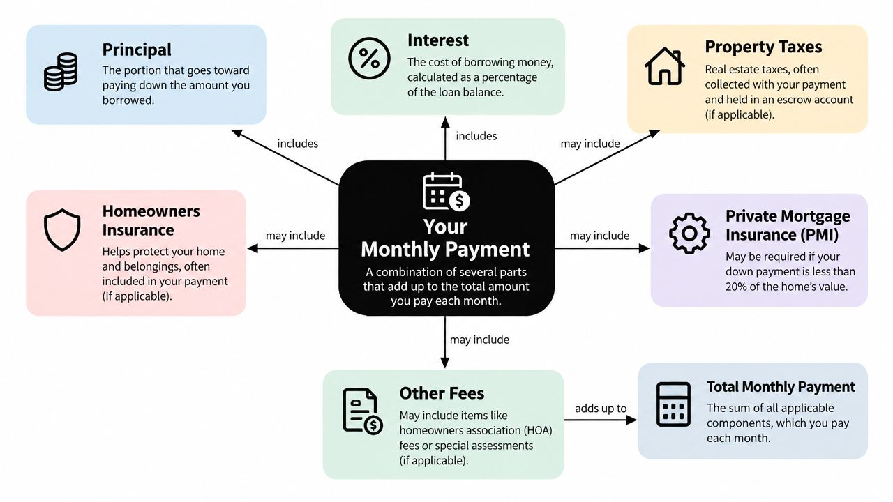 A diagram illustrating the various components that make up your total monthly mortgage payment, including interest, insurance, and fees.