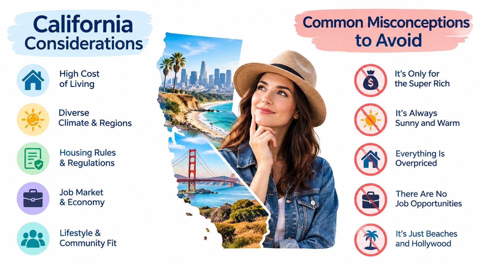 A woman thinking about California considerations and common misconceptions with icons and scenic landscapes in the background.
