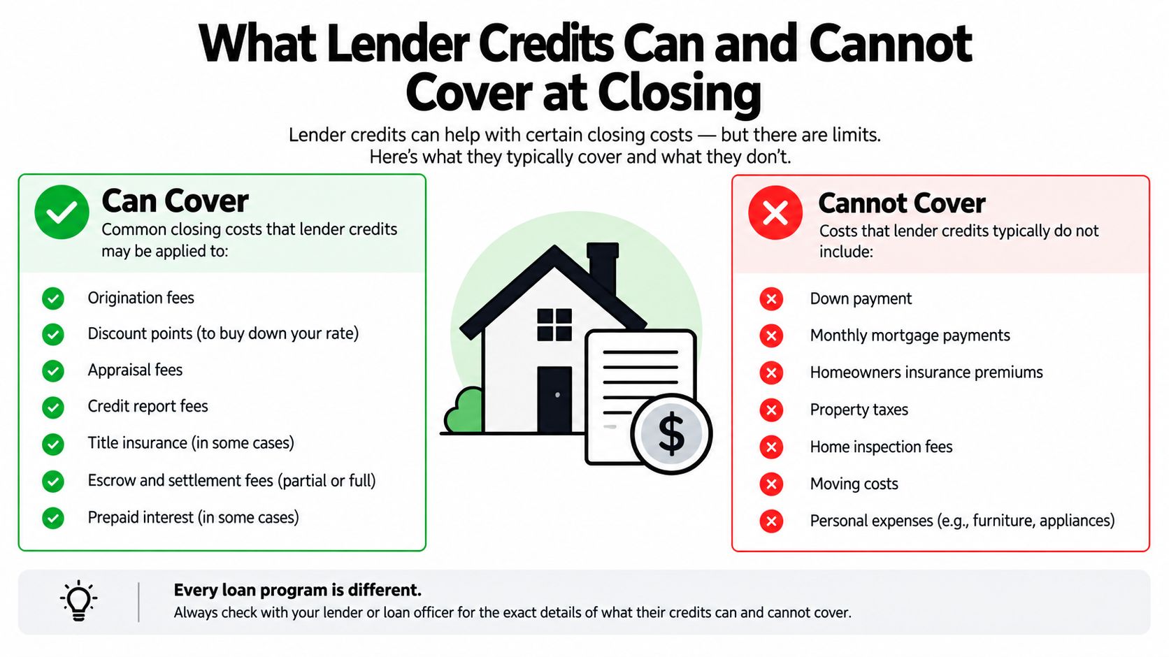 A visual guide illustrating which closing costs lender credits can and cannot cover during a mortgage process.