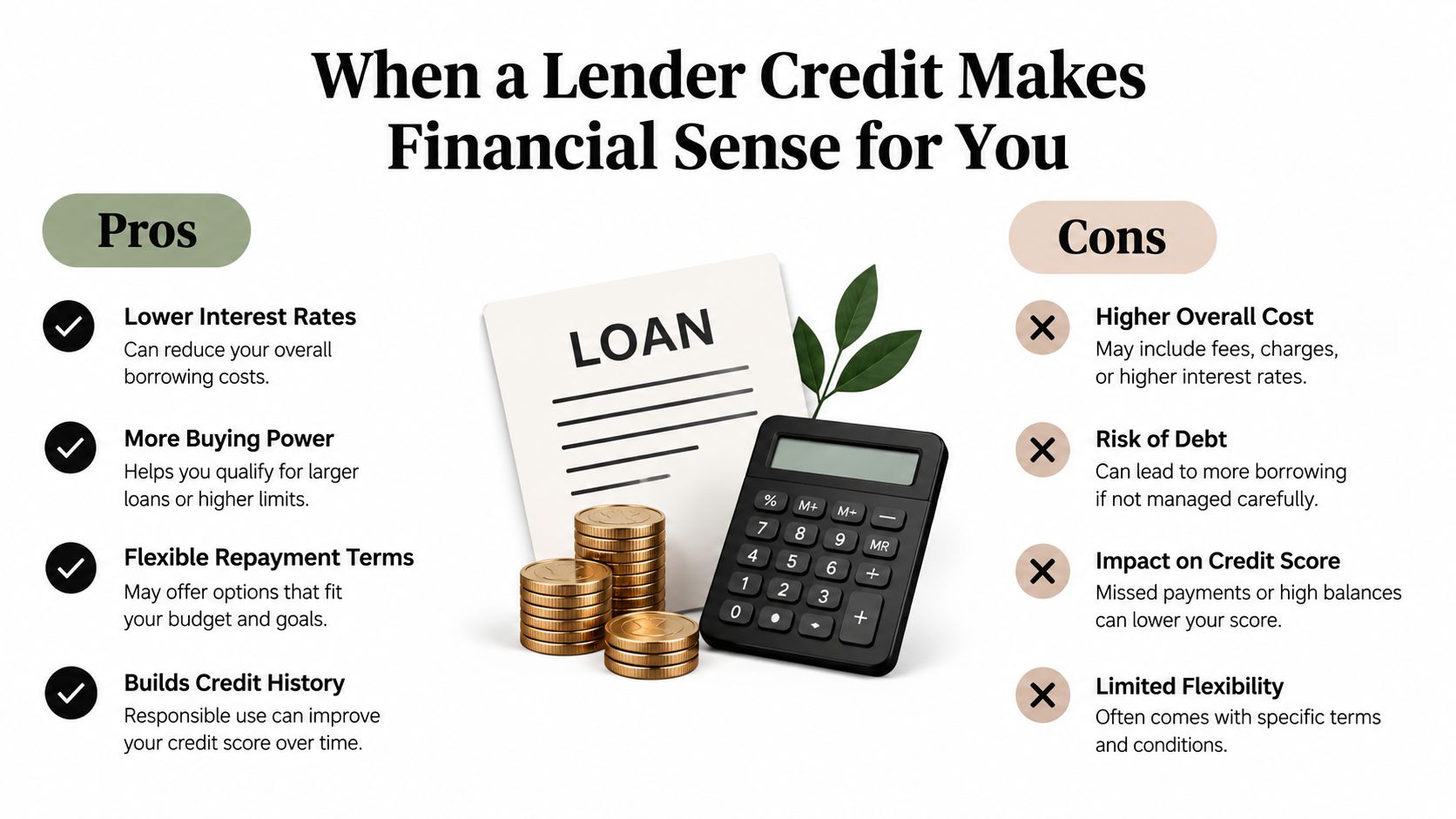 A financial infographic comparing the pros and cons of utilizing lender credit for personal loans.
