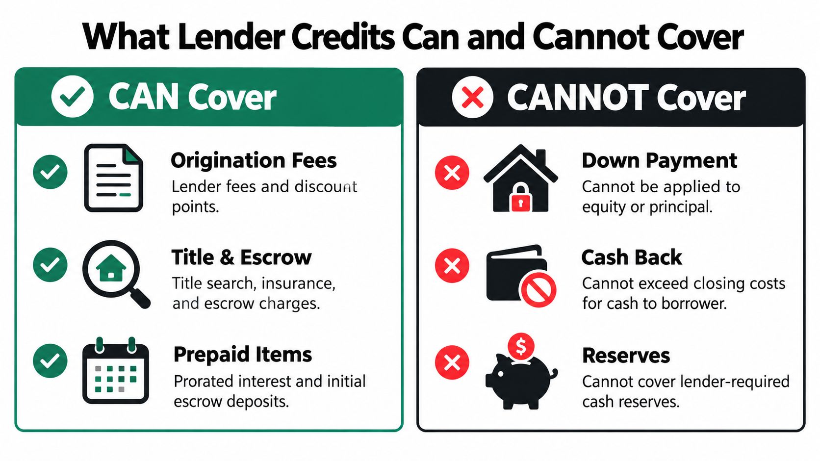 A chart explaining what mortgage lender credits can and cannot cover during real estate transactions.