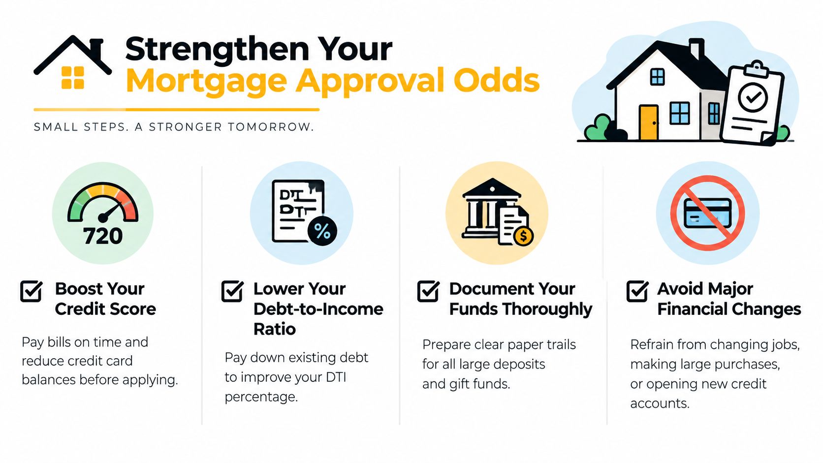 An infographic detailing four key strategies to improve your chances of getting approved for a home mortgage.