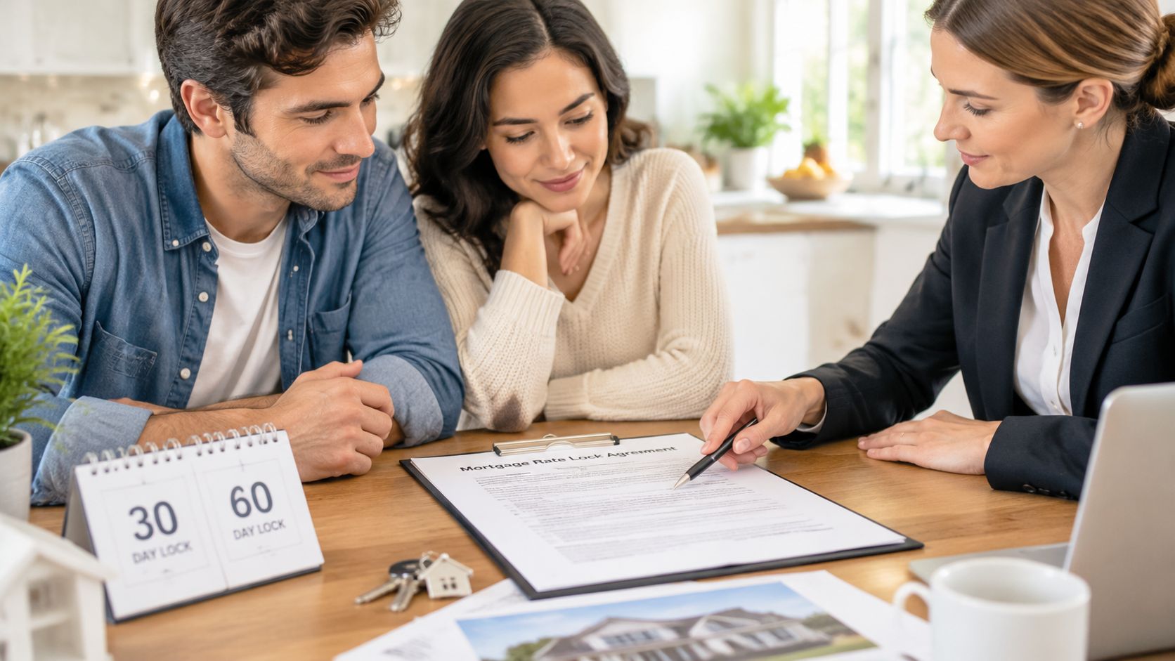 A professional financial advisor presenting a mortgage rate lock agreement to a smiling young couple at home.