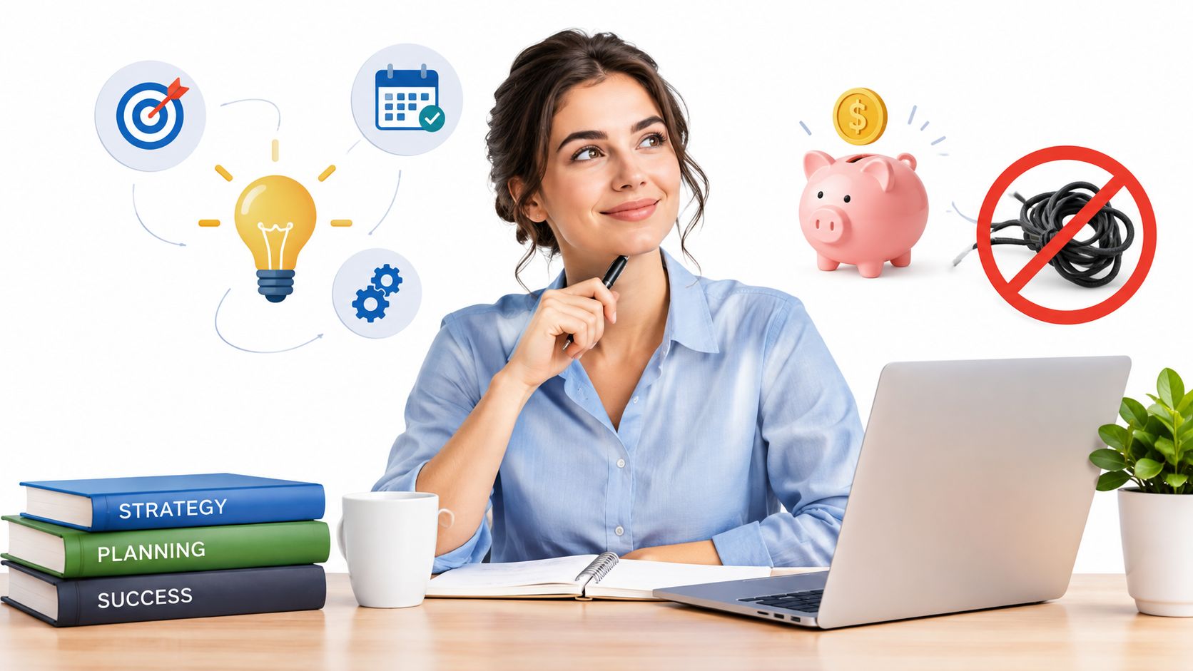 A professional woman thinking about financial strategy and planning while sitting at her desk with a laptop.