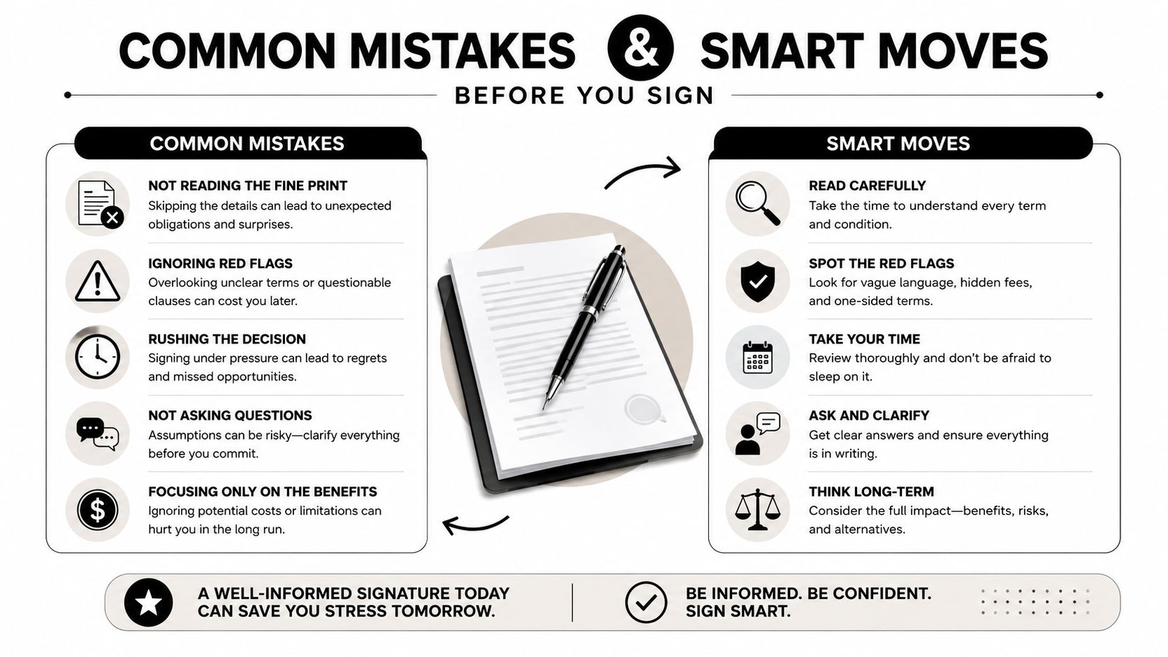 An infographic titled Common Mistakes & Smart Moves before you sign, comparing contract signing tips.