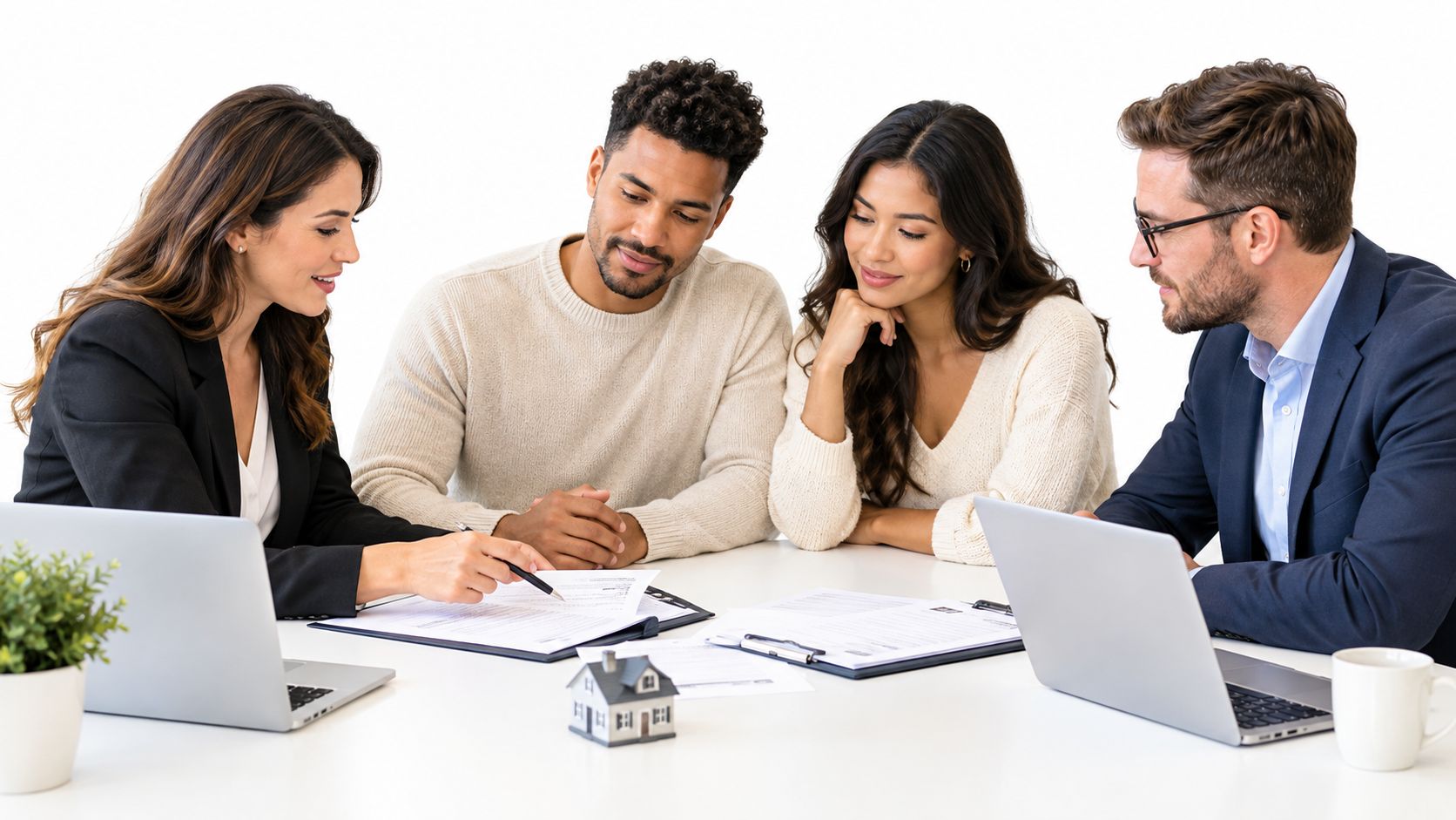 A professional real estate agent explains contract details to a young couple during a home buying consultation.